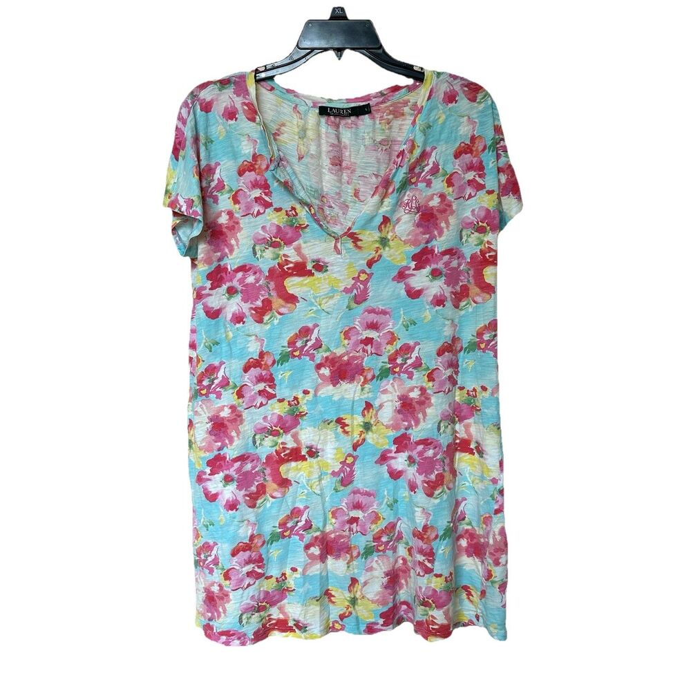 Lauren Ralph Lauren Nightgown Lg Short Sleeve Pink Blue V Neck Floral Cottage